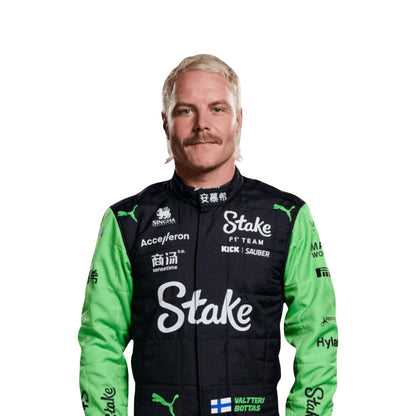 Valtteri Bottas wearing a green and black Alfa Romeo f1 racing suit with various sponsor logos on a white background