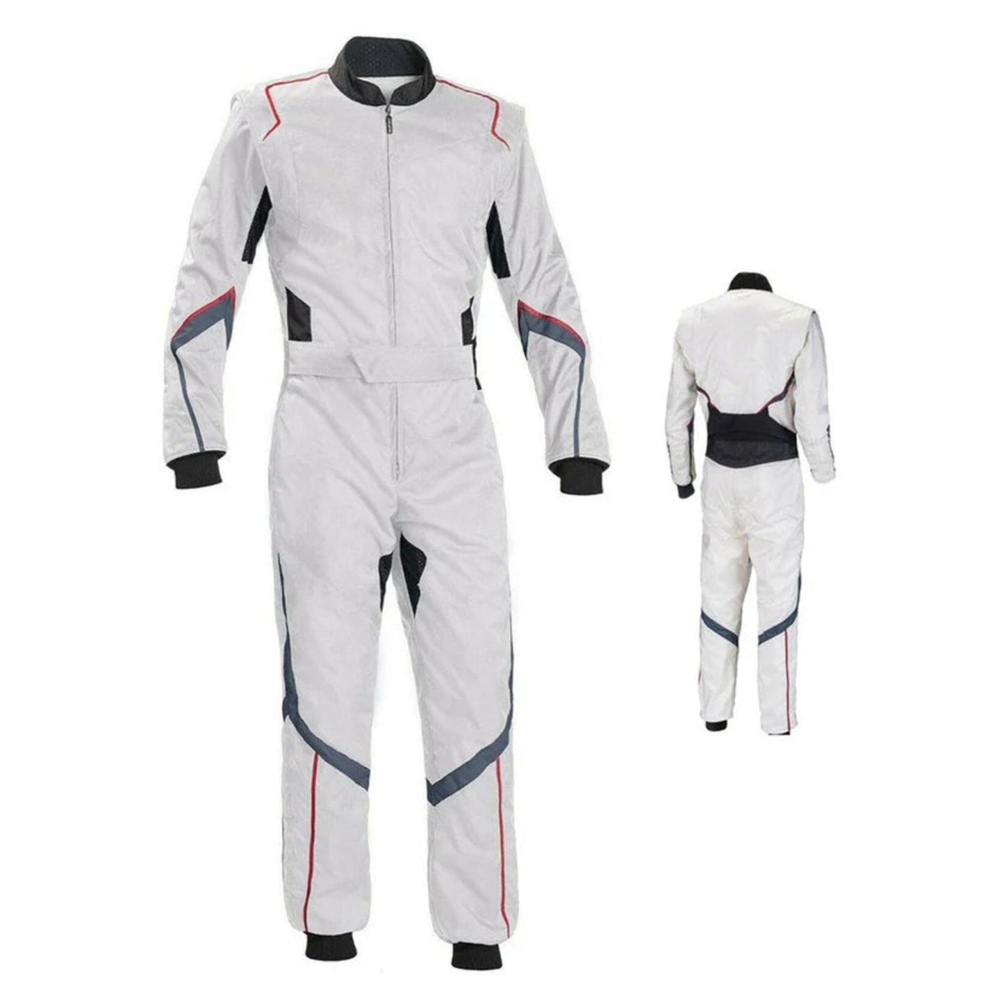 White go-kart racing suit with full front zip, elasticated cuffs and ankles, high collar with Velcro fastening and adjustable belt for complete driver protection.