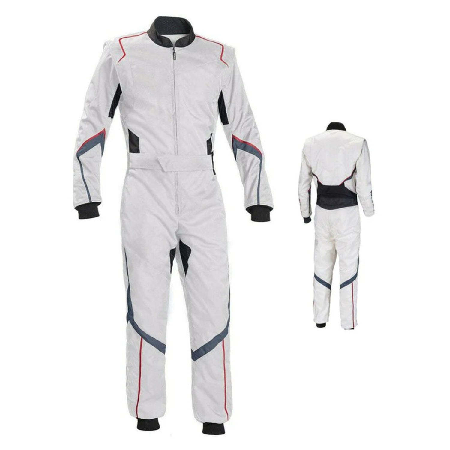 White go-kart racing suit with full front zip, elasticated cuffs and ankles, high collar with Velcro fastening and adjustable belt for complete driver protection.
