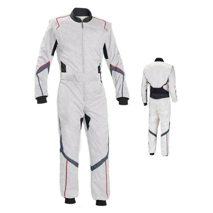 White go-kart racing suit with full front zip, elasticated cuffs and ankles, high collar with Velcro fastening and adjustable belt for complete driver protection.