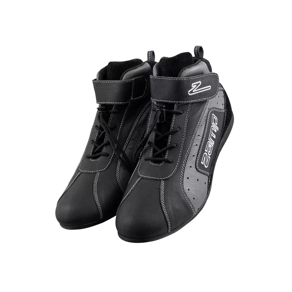 Black and gray high-top ZR-20 Kart Racing shoes with a brand logo on a white background