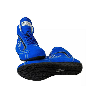 Pair of blue high-top ZR-30 Kart Racing sneakers with black soles on a white background