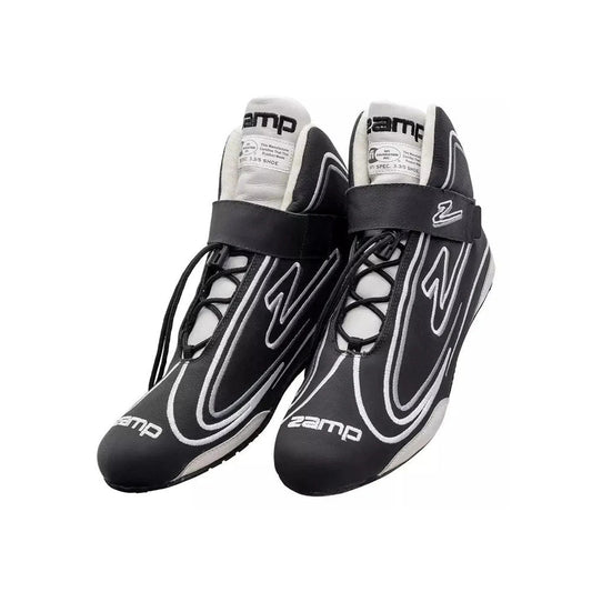 Black and white ZR-50 Kart Racing shoes with 'Zamp' branding on a white background