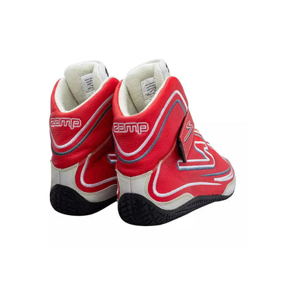 Red and white ZR-50 Kart Racing shoes with 'Zamp' branding on a white background
