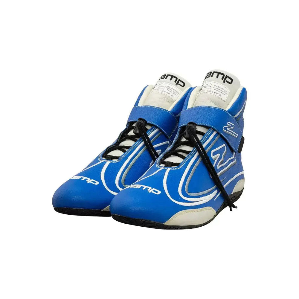 Blue ZR-50 Kart Racing shoes with white accents on a white background