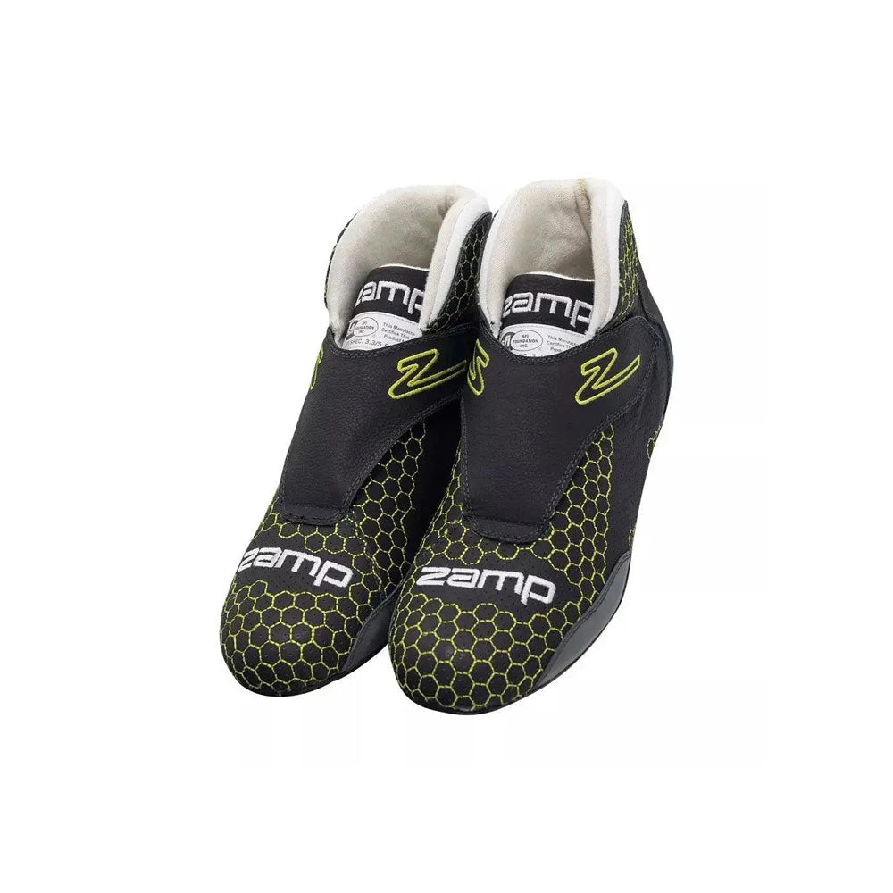 Pair of black and green zamp ZR-60 Kart Racing shoes on a white background