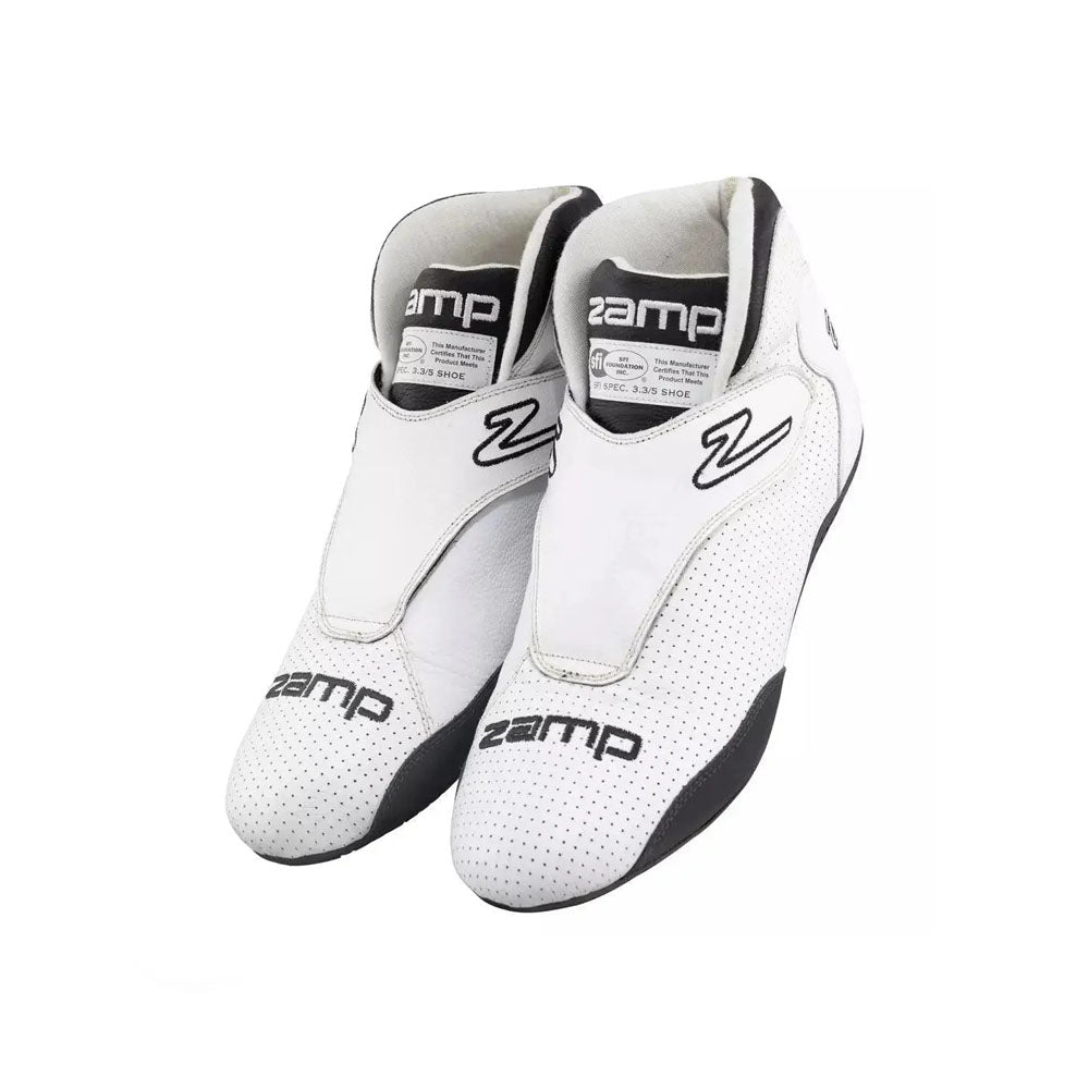 Pair of white ZR-60 Kart Racing shoes with black accents on a white background