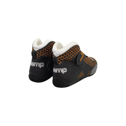 Pair of black and orange ZR-60 Kart Racing shoes with 'amp' branding on a white background