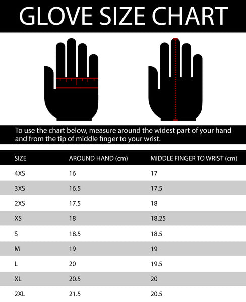 Rapid Racewear Glove size chart with hand illustrations and measurement details.
