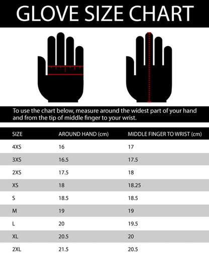 Rapid Racewear Glove size chart with hand illustrations and measurement details.